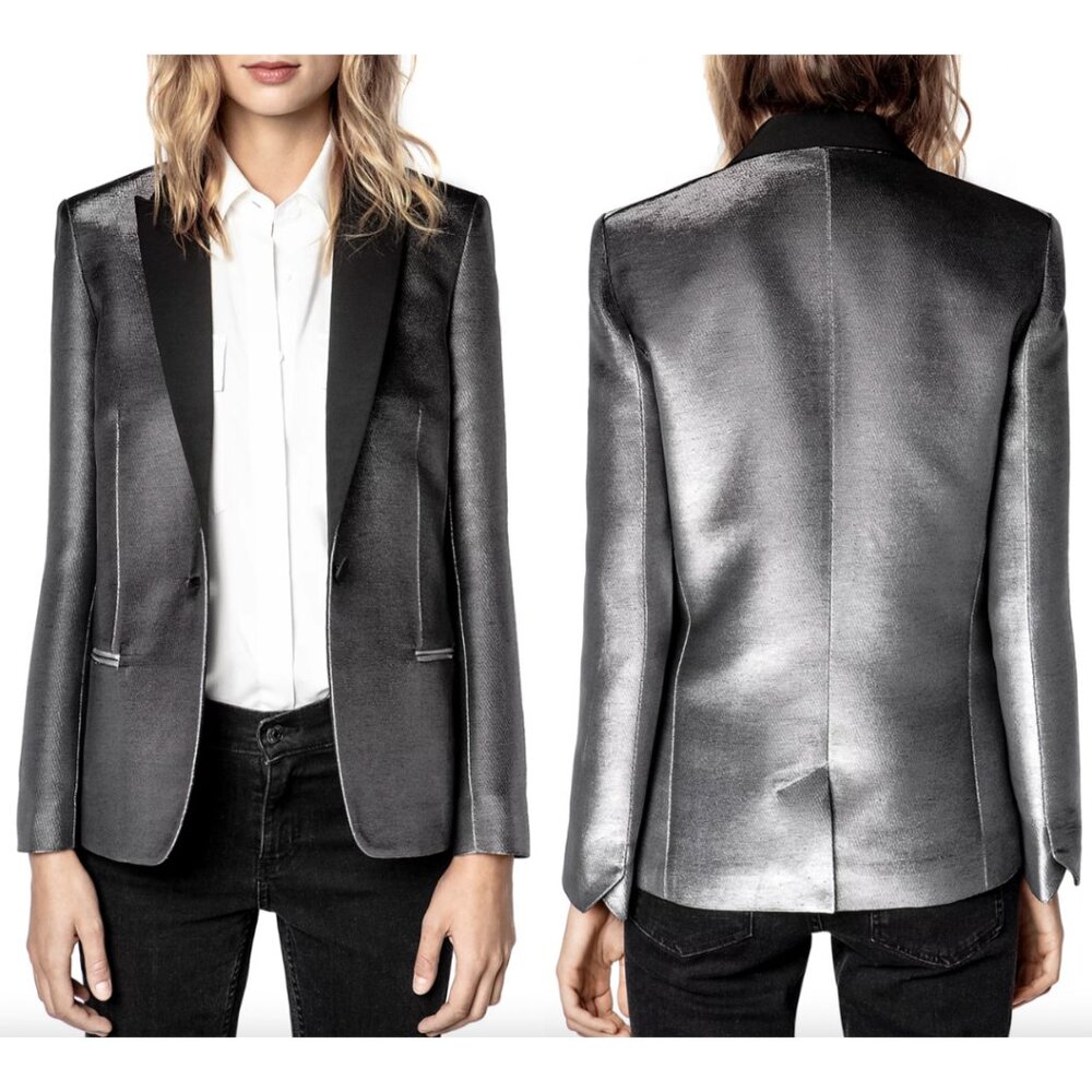 $695 Zadig & Voltaire Metalic Silver Black Vedy Blazer Jacket size FR 36/4